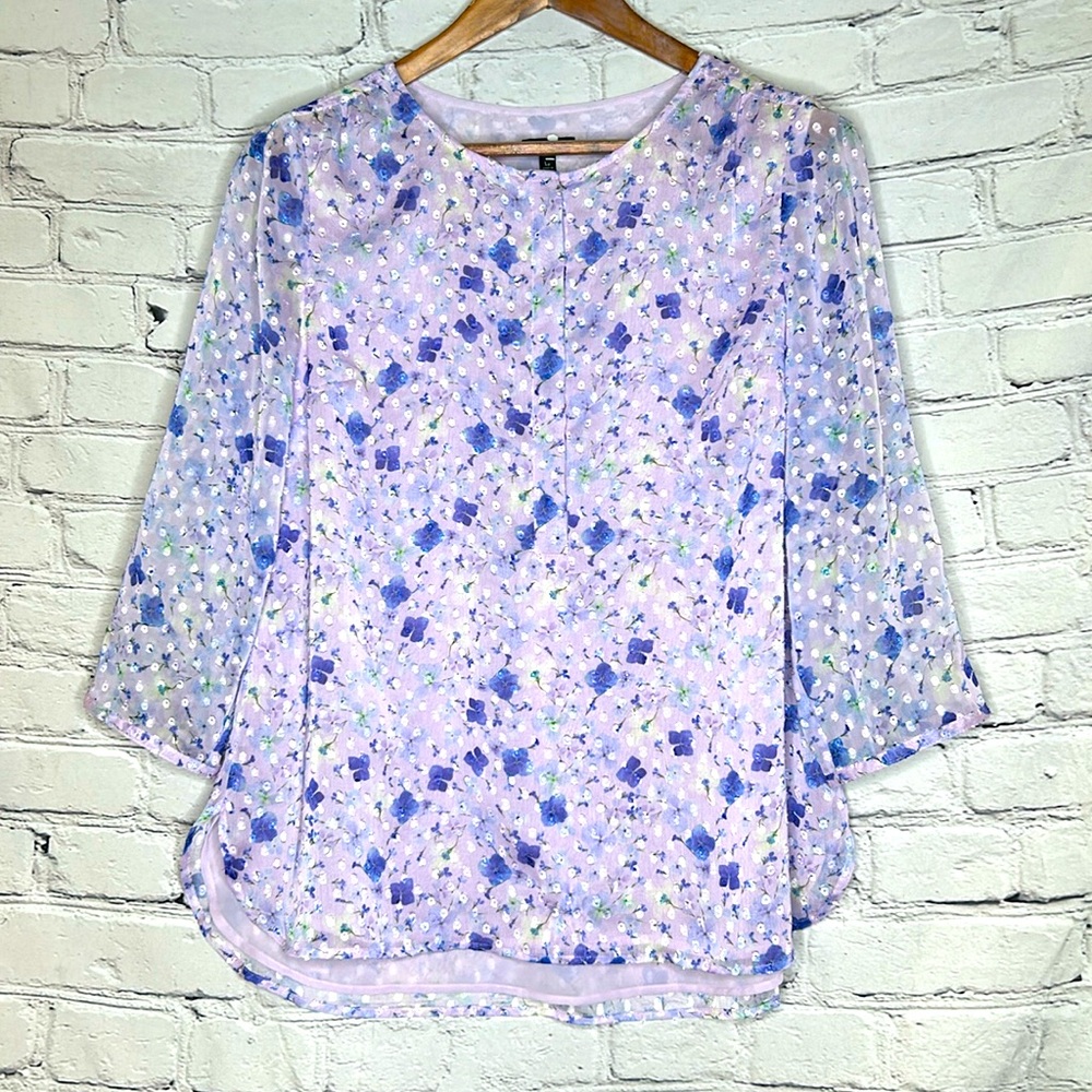 Talbots Purple Pansy Floral Print Top Size Large Petite Excellent Condition